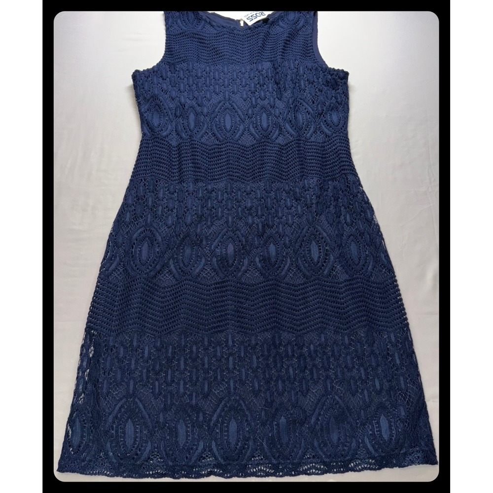 Sharagano Lace Sheath Dress Womens 16 Navy Blue Sleeveless Geometric Cocktail